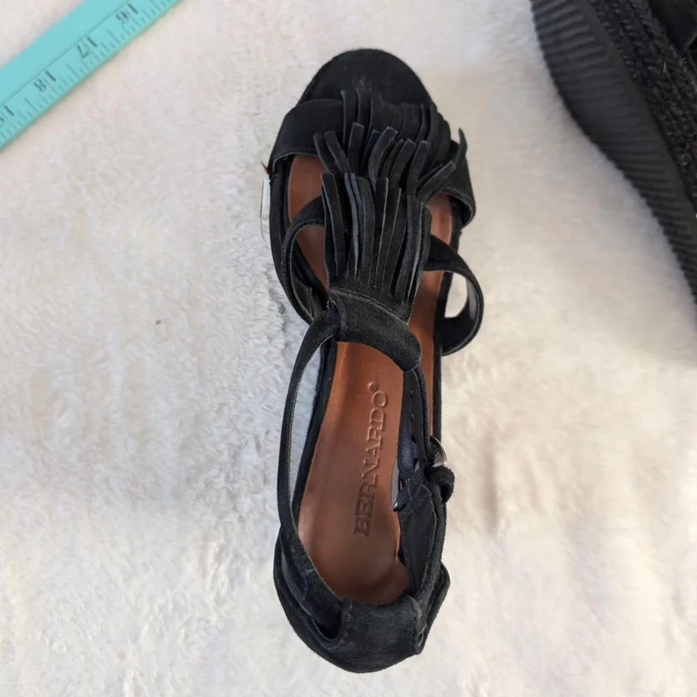 Bernardo Black Suede Fringe Wedge Sandals - 6